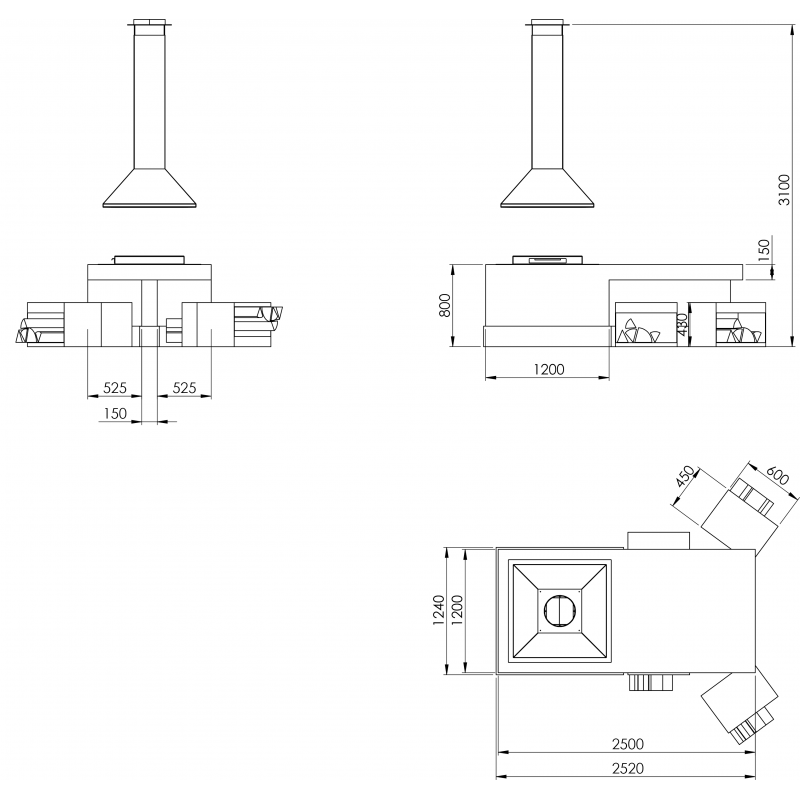 Traforart Cook BBQ Outdoor Designer Fireplace and Barbecue with Table and Benches