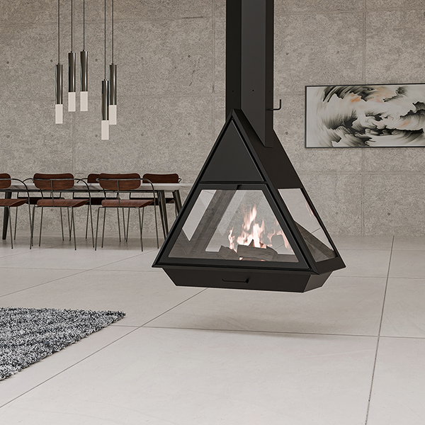 Traforart Equil Central Triangular Suspended Designer Fireplace