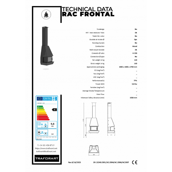 Traforart Rac Frontal pie sienas balstīts dizaina kamīns