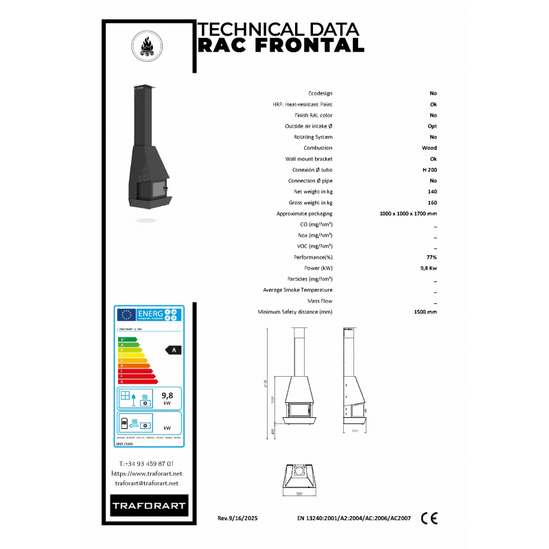 Traforart Rac Frontal pie sienas balstīts dizaina kamīns