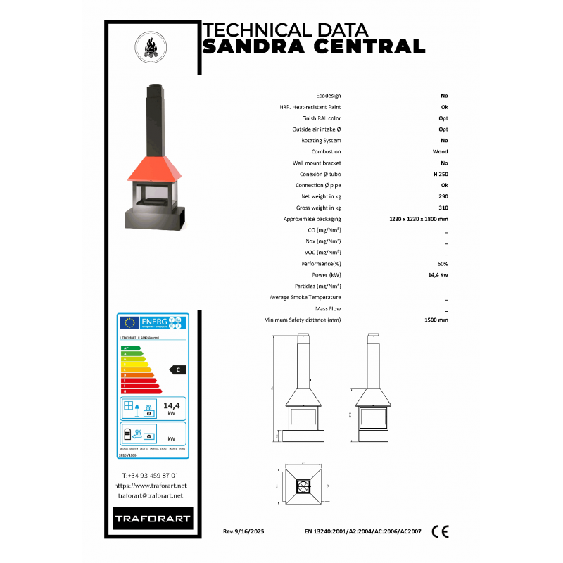 Traforart Sandra Central četrpusējs centrālais dizaina kamīns