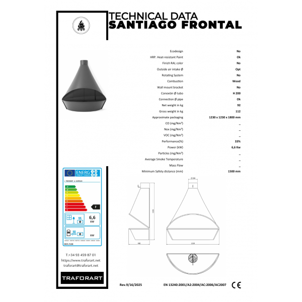 Traforart Santiago Frontal klasiskais frontālais dizaina kamīns