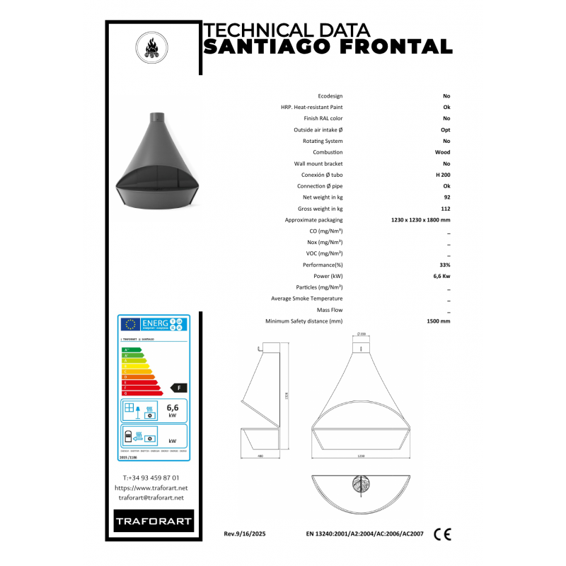 Traforart Santiago Frontal klasiskais frontālais dizaina kamīns