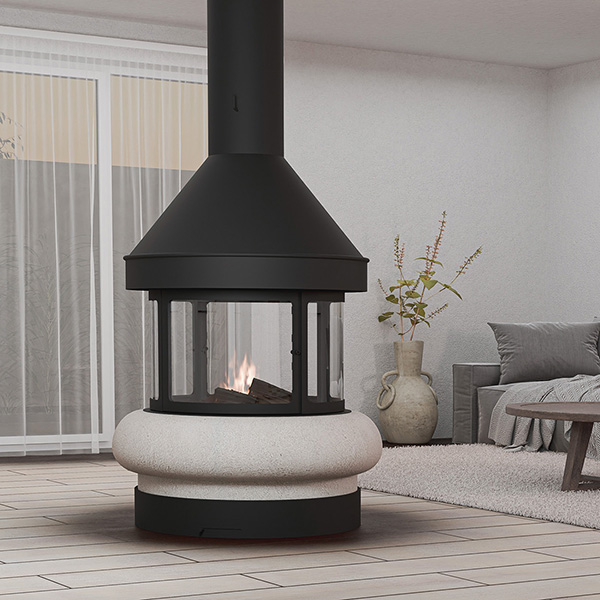 Traforart Zeus Central Enclosure Panoramic Stone Fireplace