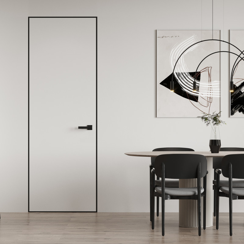 Concealed installation door in a black aluminum frame with a casing